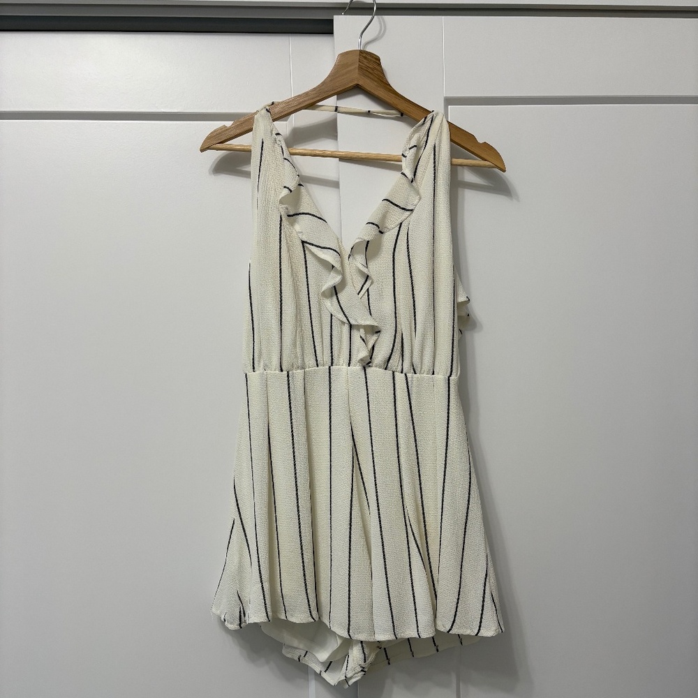 Striped open back ruffled romper